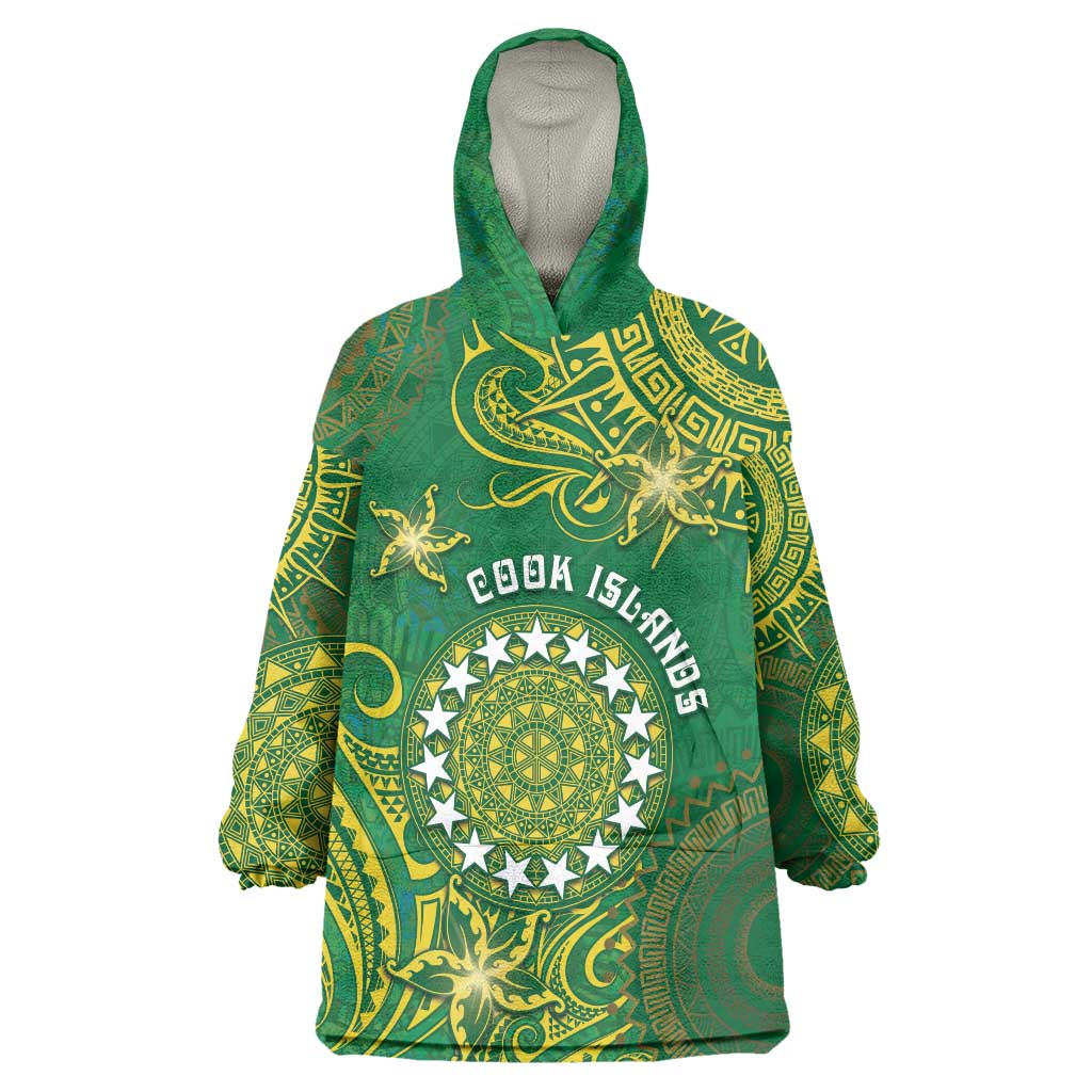 Personalised Cook Islands Wearable Blanket Hoodie Hibiscus Polynesian Tribal Pattern