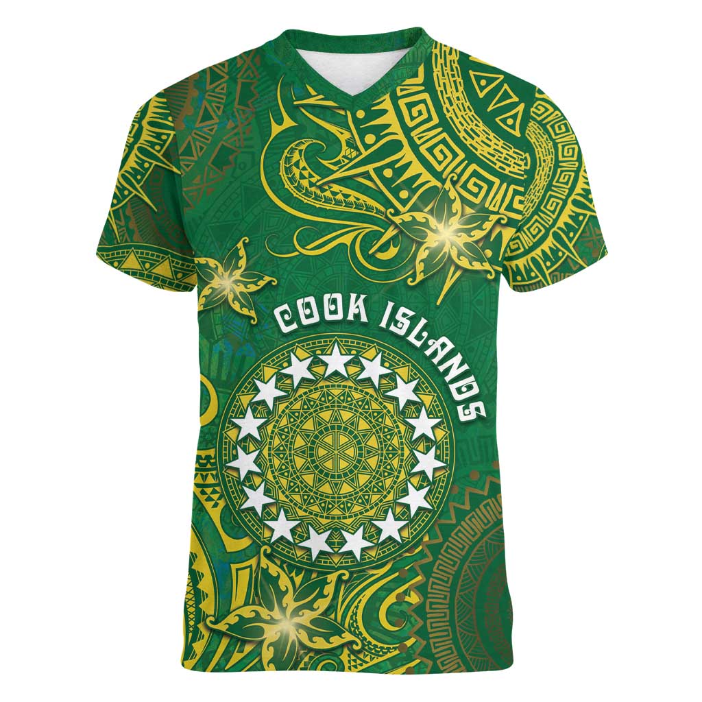 Personalised Cook Islands Women V-Neck T-Shirt Hibiscus Polynesian Tribal Pattern