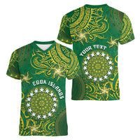 Personalised Cook Islands Women V-Neck T-Shirt Hibiscus Polynesian Tribal Pattern