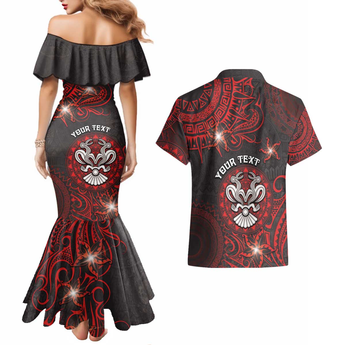 Personalised Easter Island Couples Matching Mermaid Dress and Hawaiian Shirt Hibiscus Polynesian Tribal Pattern