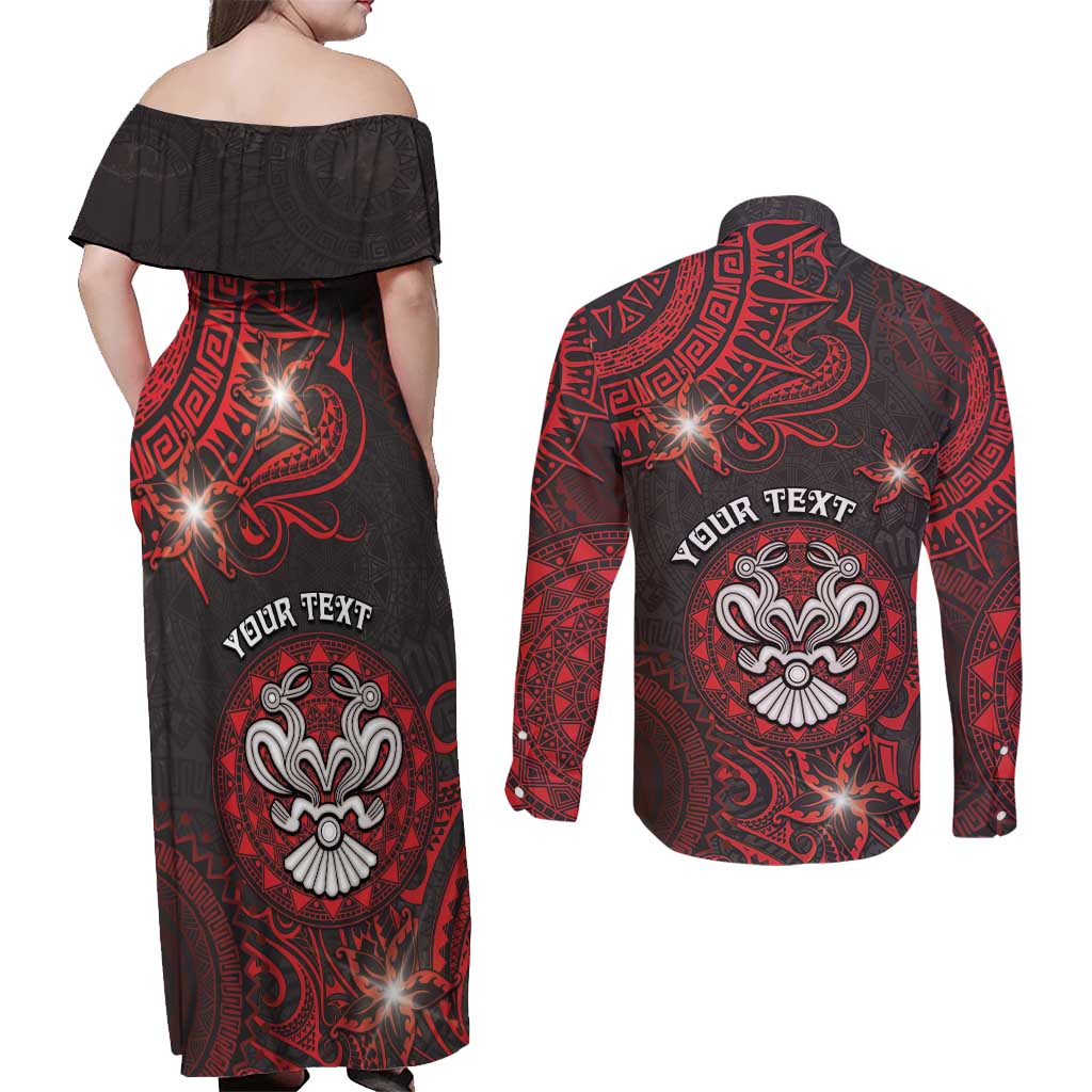 Personalised Easter Island Couples Matching Off Shoulder Maxi Dress and Long Sleeve Button Shirt Hibiscus Polynesian Tribal Pattern