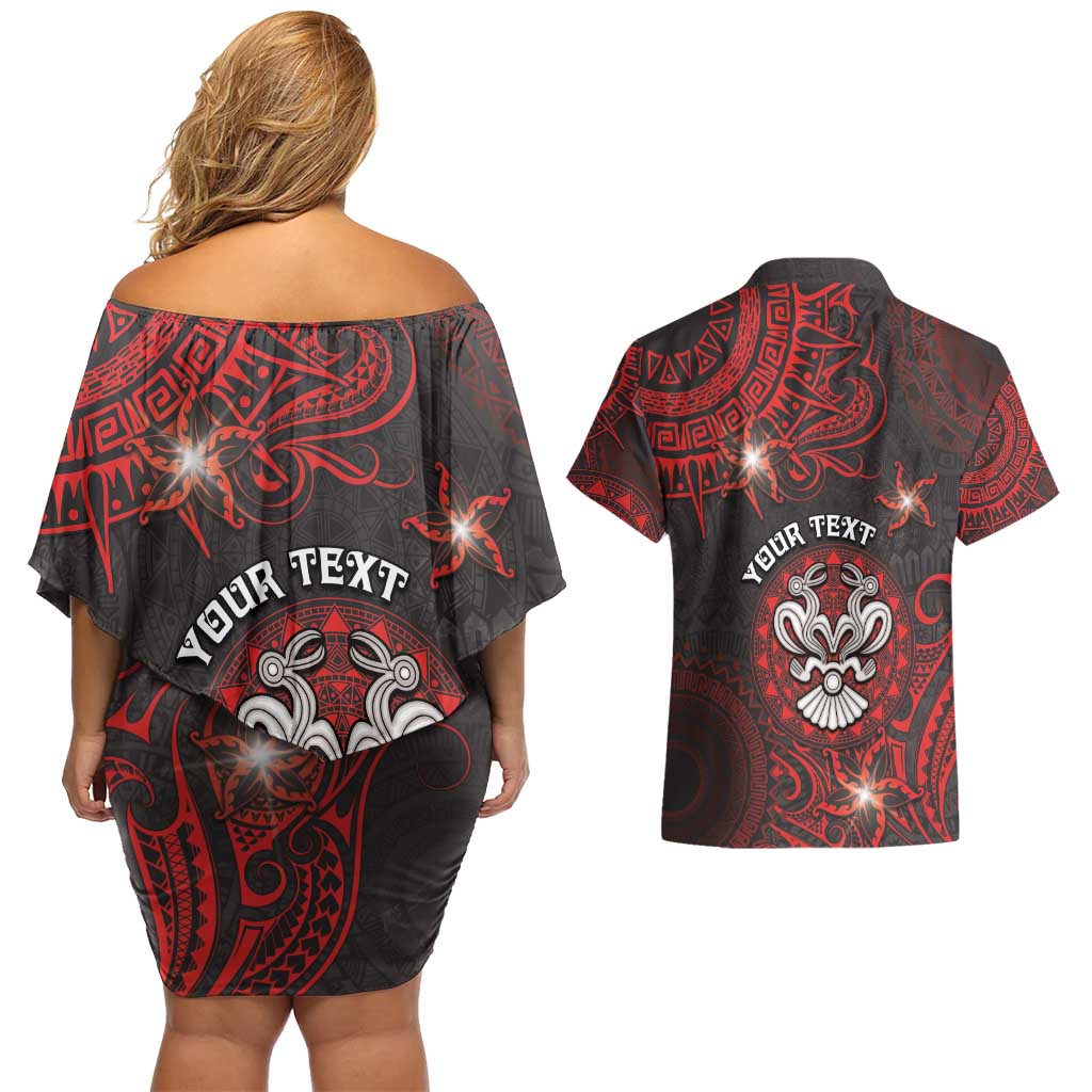 Personalised Easter Island Couples Matching Off Shoulder Short Dress and Hawaiian Shirt Hibiscus Polynesian Tribal Pattern