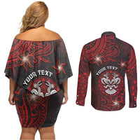 Personalised Easter Island Couples Matching Off Shoulder Short Dress and Long Sleeve Button Shirt Hibiscus Polynesian Tribal Pattern