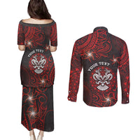Personalised Easter Island Couples Matching Puletasi and Long Sleeve Button Shirt Hibiscus Polynesian Tribal Pattern