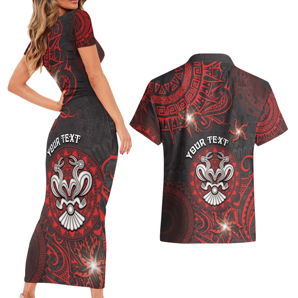 Personalised Easter Island Couples Matching Short Sleeve Bodycon Dress and Hawaiian Shirt Hibiscus Polynesian Tribal Pattern
