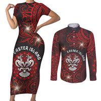 Personalised Easter Island Couples Matching Short Sleeve Bodycon Dress and Long Sleeve Button Shirt Hibiscus Polynesian Tribal Pattern