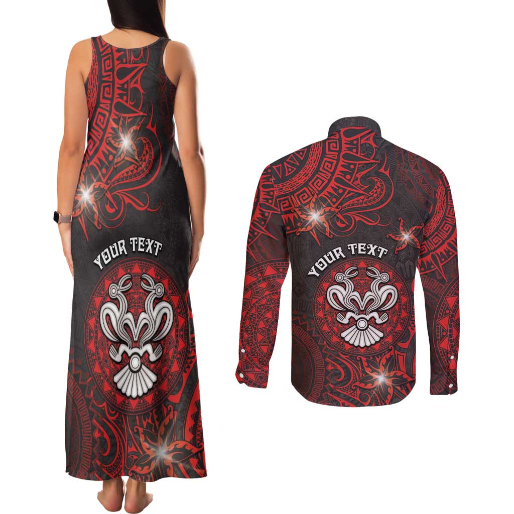 Personalised Easter Island Couples Matching Tank Maxi Dress and Long Sleeve Button Shirt Hibiscus Polynesian Tribal Pattern