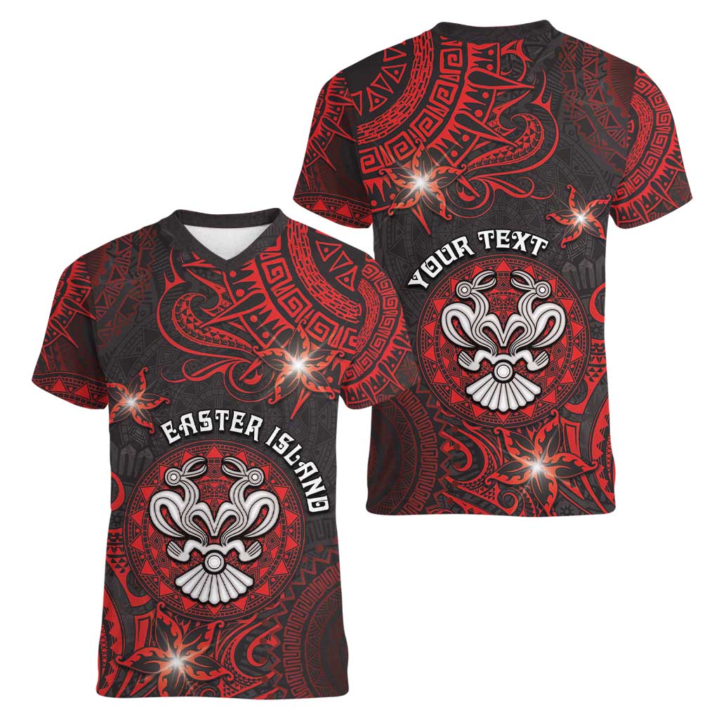 Personalised Easter Island Women V-Neck T-Shirt Hibiscus Polynesian Tribal Pattern