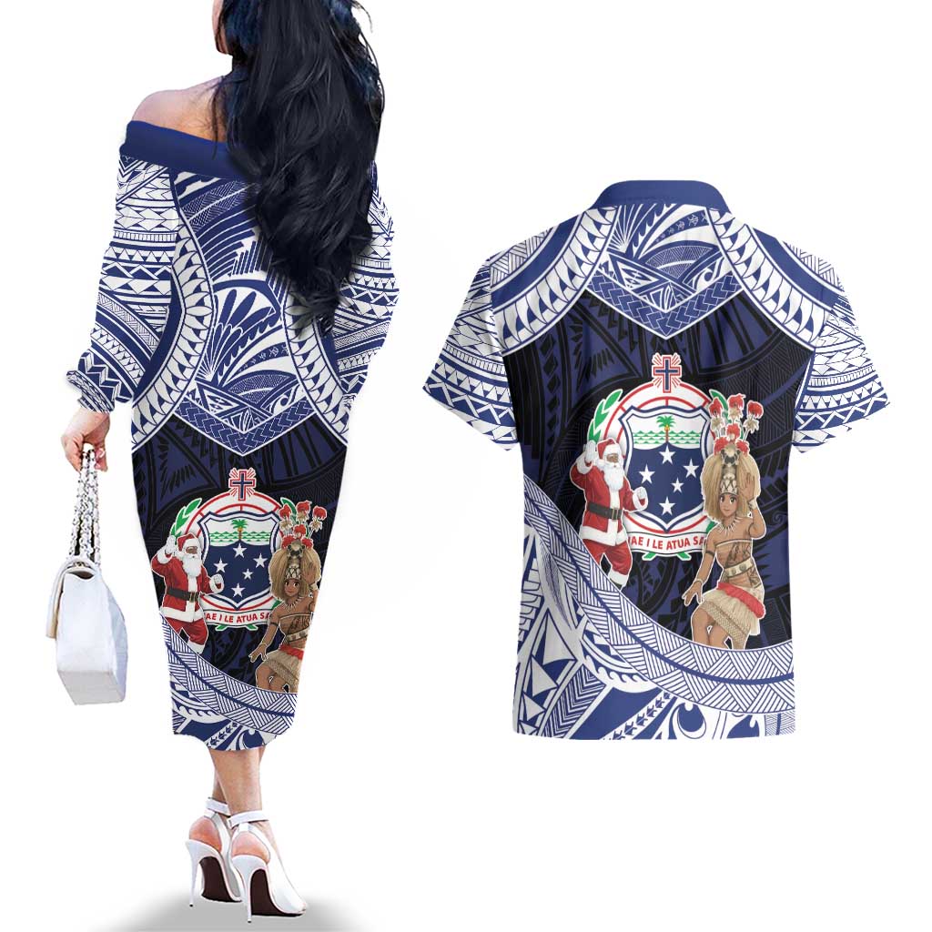 Samoa Christmas Couples Matching Off The Shoulder Long Sleeve Dress and Hawaiian Shirt Samoan Siva Dance With Santa - Polynesian Pride