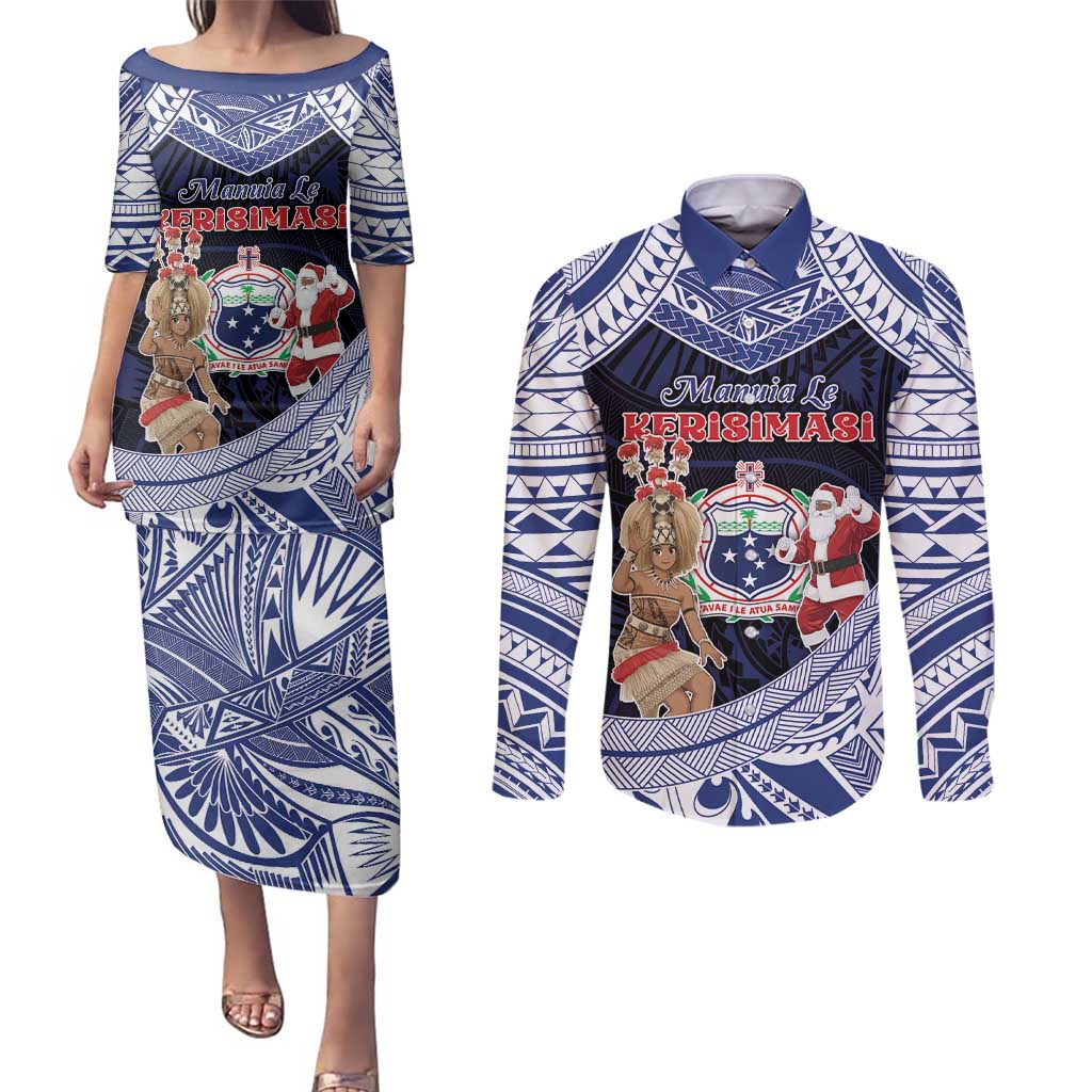 Samoa Christmas Couples Matching Puletasi and Long Sleeve Button Shirt Samoan Siva Dance With Santa - Polynesian Pride