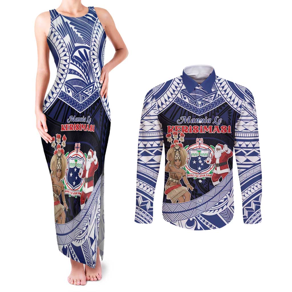 Samoa Christmas Couples Matching Tank Maxi Dress and Long Sleeve Button Shirt Samoan Siva Dance With Santa DT05 Navy - Polynesian Pride
