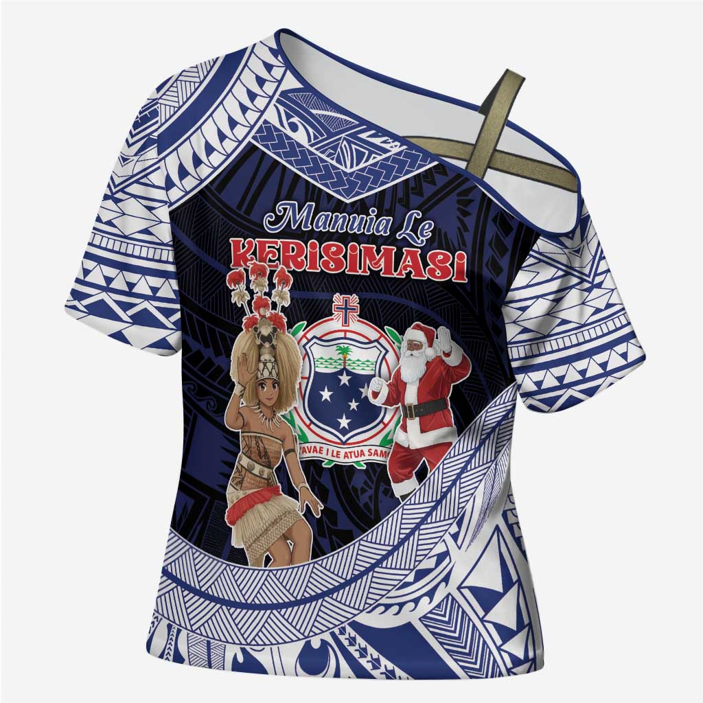Samoa Christmas Cross Shoulder Shirt Samoan Siva Dance With Santa - Polynesian Pride