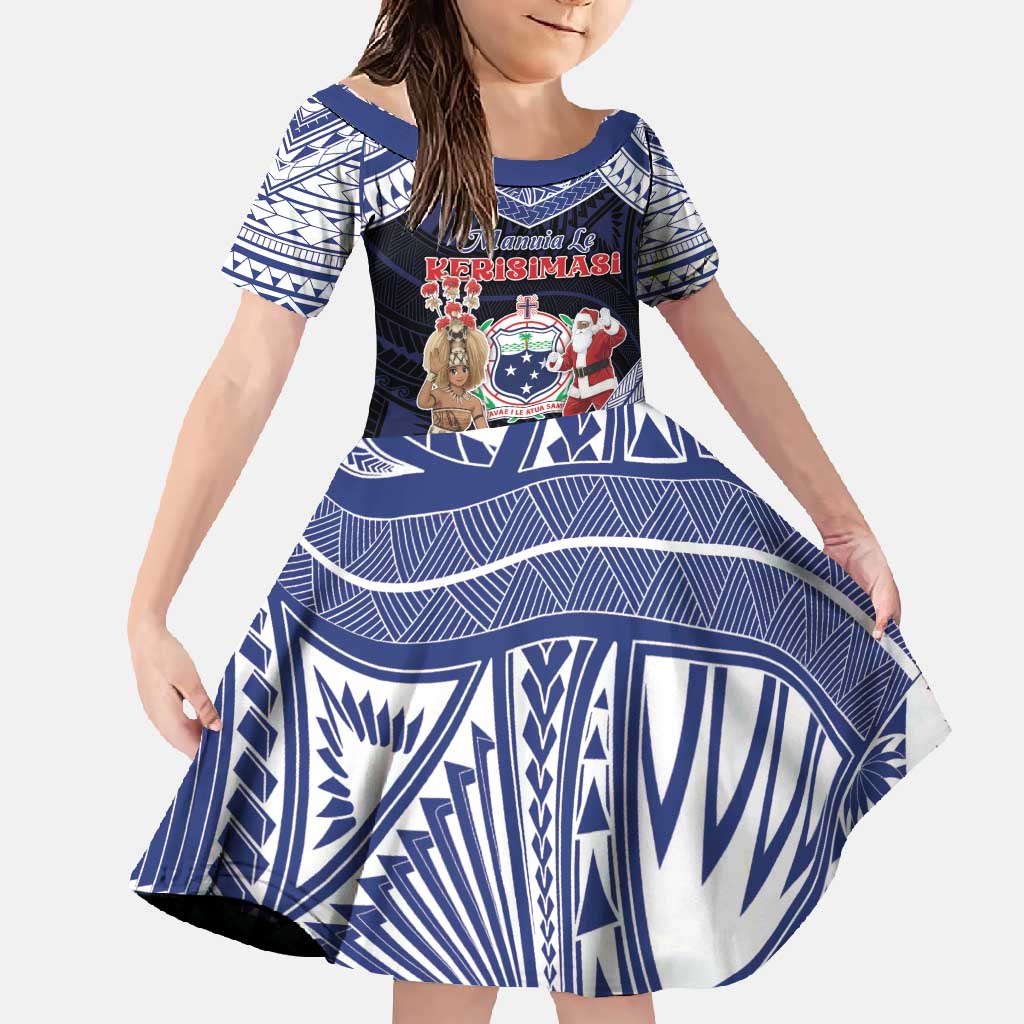 Samoa Christmas Family Matching Long Sleeve Bodycon Dress and Hawaiian Shirt Samoan Siva Dance With Santa DT05 Daughter's Dress Navy - Polynesian Pride