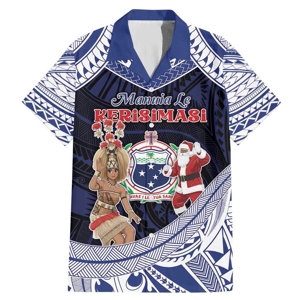 Samoa Christmas Family Matching Mermaid Dress and Hawaiian Shirt Samoan Siva Dance With Santa DT05 Dad's Shirt - Short Sleeve Navy - Polynesian Pride