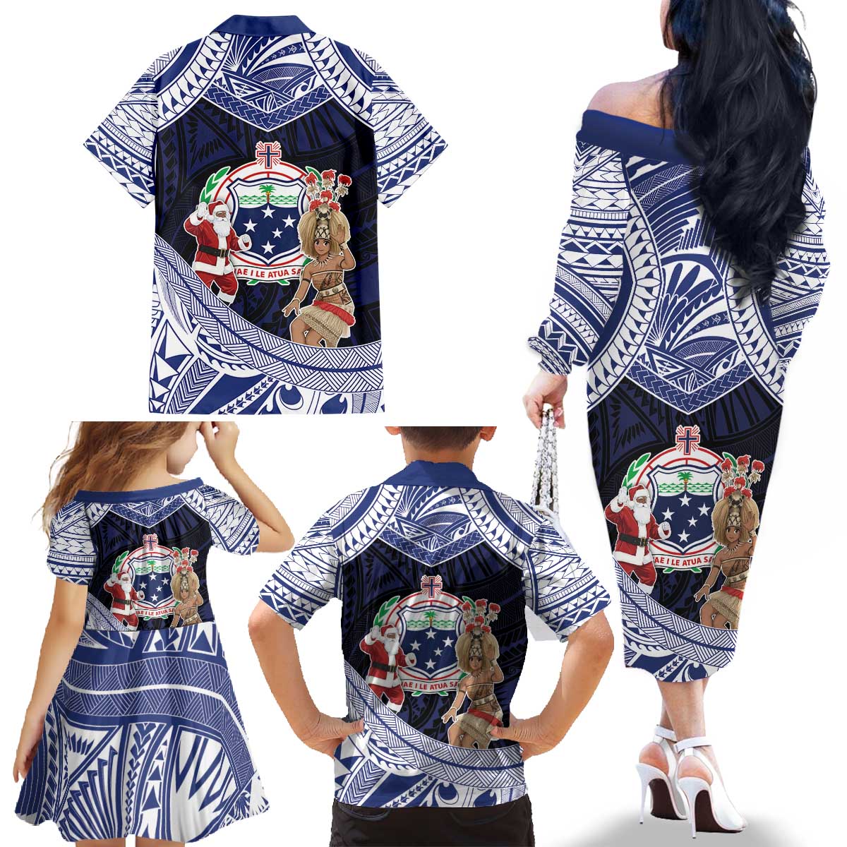 Samoa Christmas Family Matching Off The Shoulder Long Sleeve Dress and Hawaiian Shirt Samoan Siva Dance With Santa DT05 - Polynesian Pride