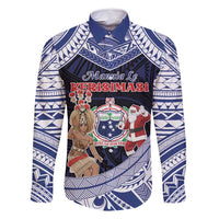 Samoa Christmas Family Matching Off Shoulder Maxi Dress and Hawaiian Shirt Samoan Siva Dance With Santa DT05 Dad's Shirt - Long Sleeve Navy - Polynesian Pride
