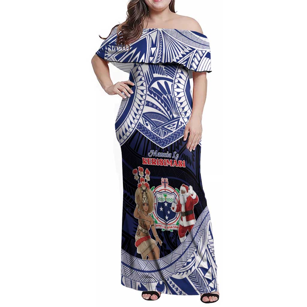 Samoa Christmas Family Matching Off Shoulder Maxi Dress and Hawaiian Shirt Samoan Siva Dance With Santa DT05 Mom's Dress Navy - Polynesian Pride