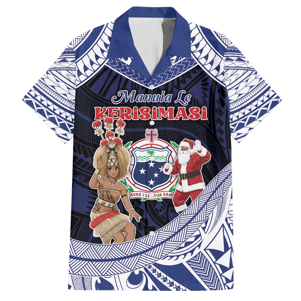 Samoa Christmas Family Matching Off Shoulder Short Dress and Hawaiian Shirt Samoan Siva Dance With Santa DT05 Dad's Shirt - Short Sleeve Navy - Polynesian Pride