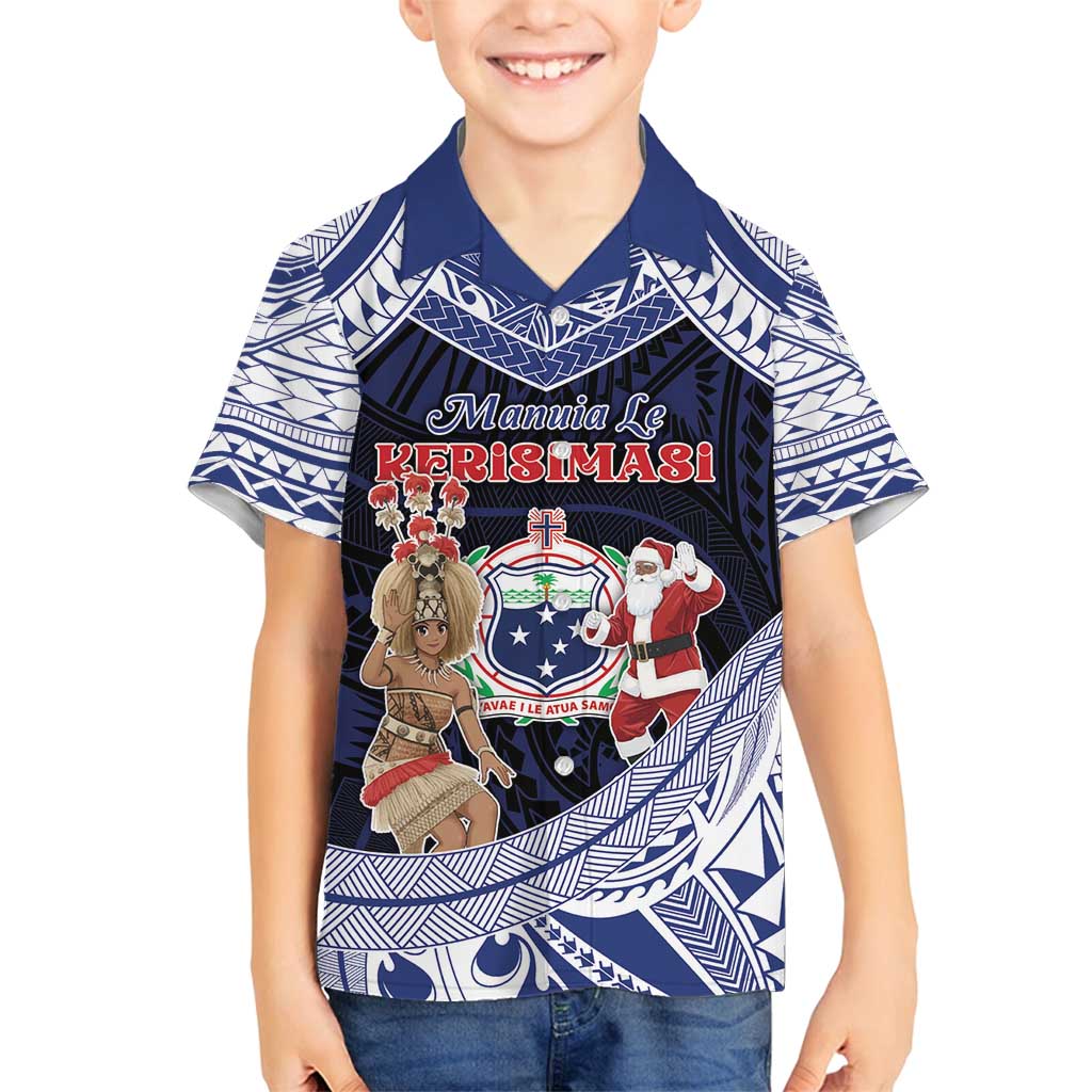 Samoa Christmas Family Matching Tank Maxi Dress and Hawaiian Shirt Samoan Siva Dance With Santa DT05 Son's Shirt Navy - Polynesian Pride