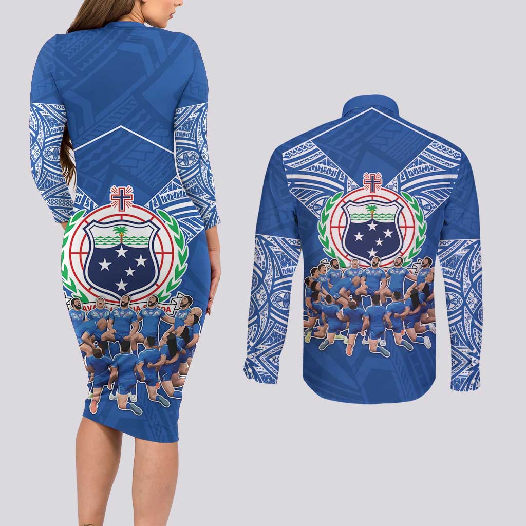 Toa Samoa Couples Matching Long Sleeve Bodycon Dress and Long Sleeve Button Shirt Samoan Warrior Spirit Rugby - Polynesian Pride