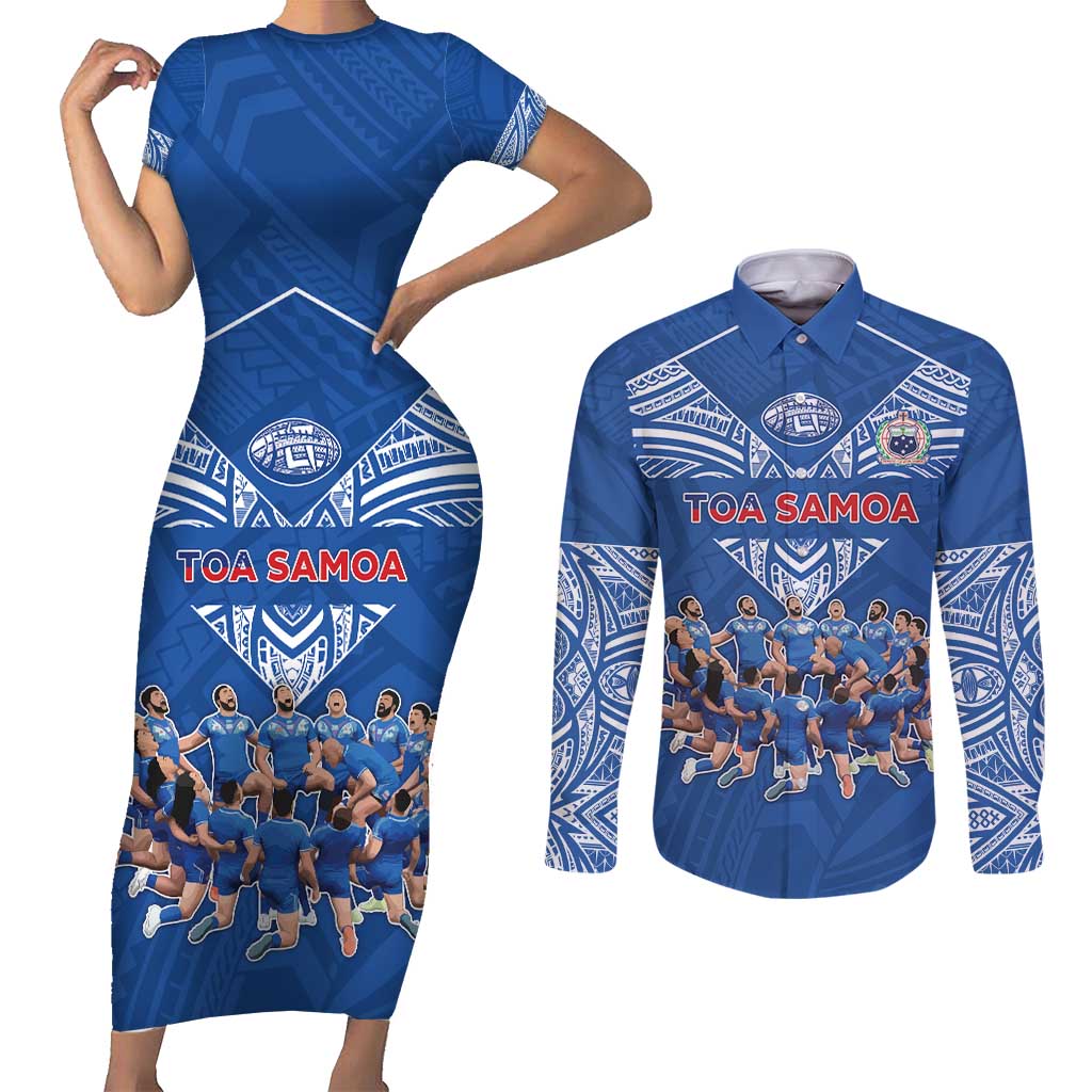 Toa Samoa Couples Matching Short Sleeve Bodycon Dress and Long Sleeve Button Shirt Samoan Warrior Spirit Rugby - Polynesian Pride
