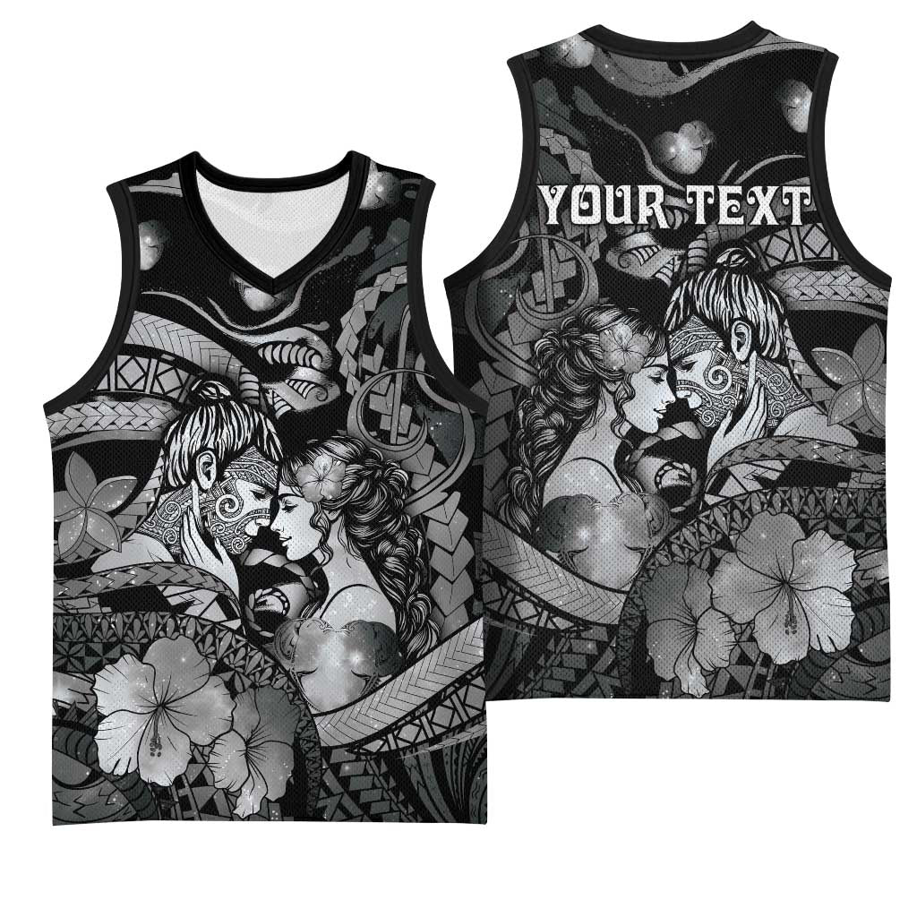 Personalised Maori Romantic Valentine Basketball Jersey The Hongi Kiss Black Galaxy