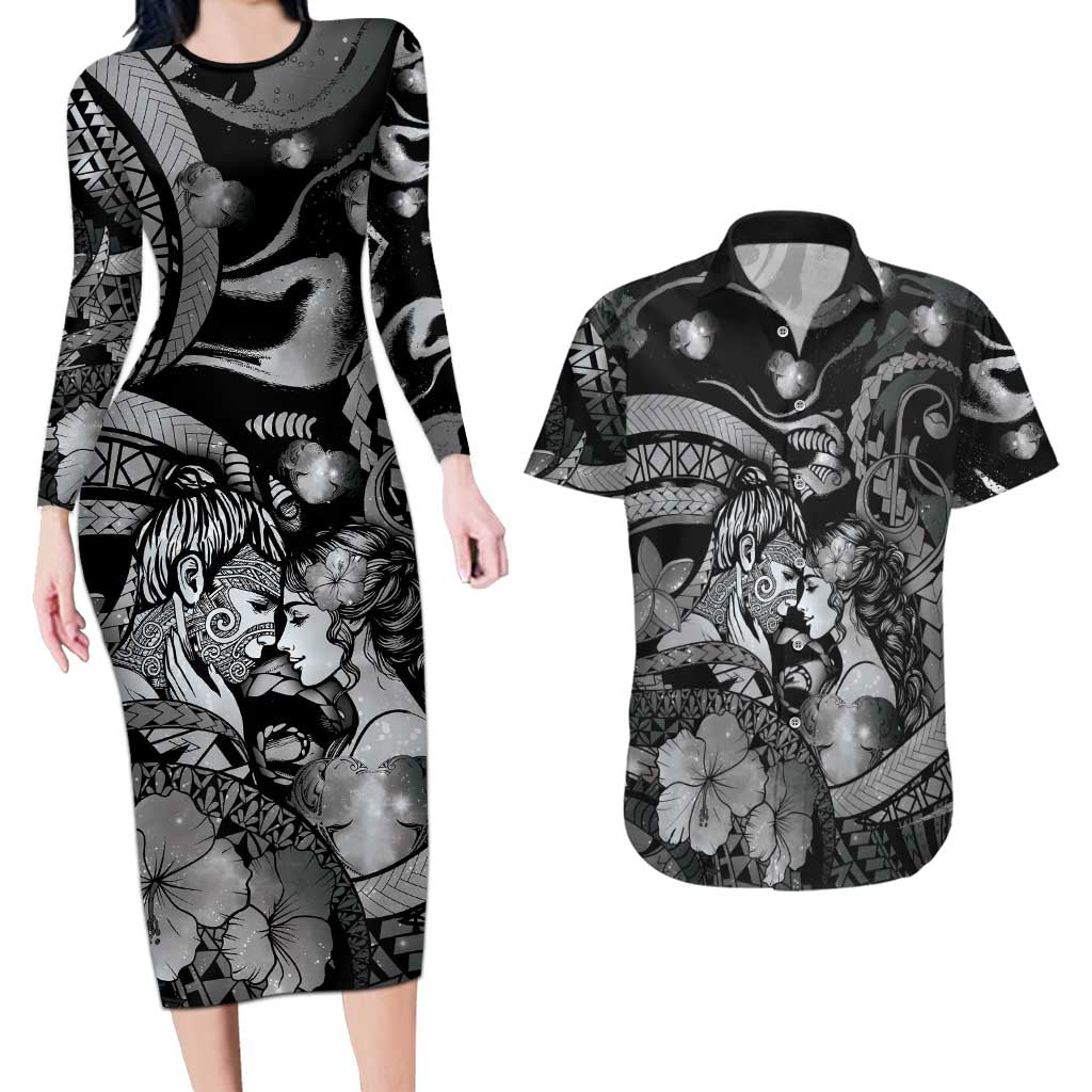 Personalised Maori Romantic Valentine Couples Matching Long Sleeve Bodycon Dress and Hawaiian Shirt The Hongi Kiss Black Galaxy DT05 Black - Polynesian Pride
