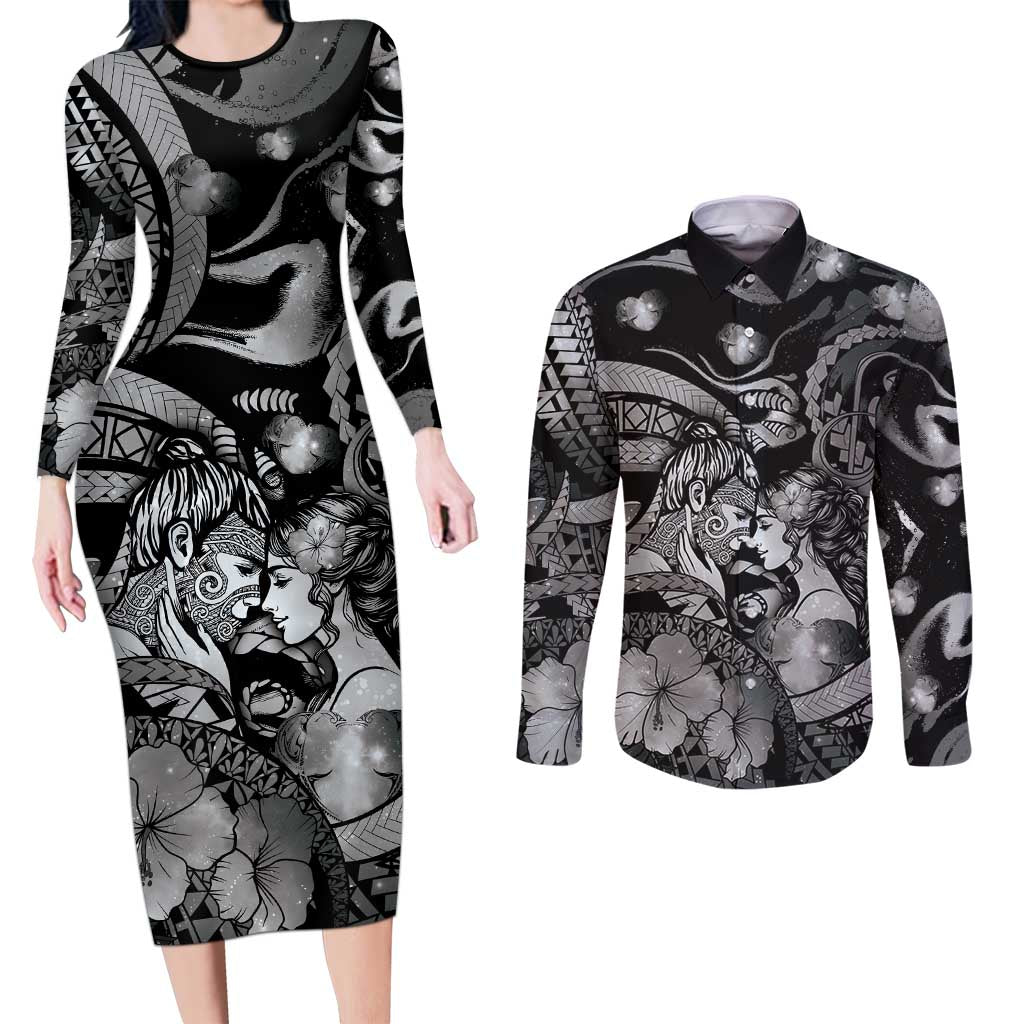 Personalised Maori Romantic Valentine Couples Matching Long Sleeve Bodycon Dress and Long Sleeve Button Shirt The Hongi Kiss Black Galaxy DT05 Black - Polynesian Pride
