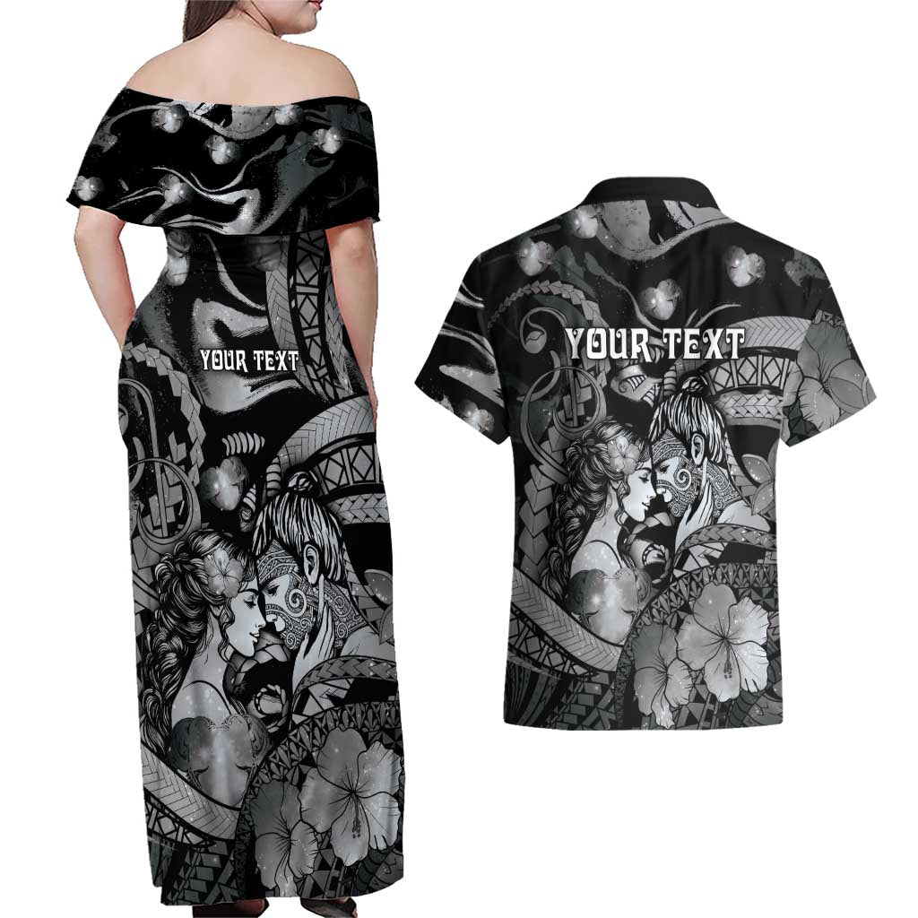 Personalised Maori Romantic Valentine Couples Matching Off Shoulder Maxi Dress and Hawaiian Shirt The Hongi Kiss Black Galaxy DT05 - Polynesian Pride