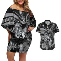 Personalised Maori Romantic Valentine Couples Matching Off Shoulder Short Dress and Hawaiian Shirt The Hongi Kiss Black Galaxy DT05 Black - Polynesian Pride