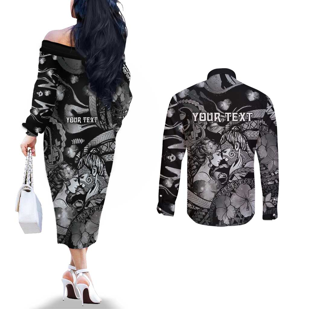 Personalised Maori Romantic Valentine Couples Matching Off The Shoulder Long Sleeve Dress and Long Sleeve Button Shirt The Hongi Kiss Black Galaxy DT05 - Polynesian Pride