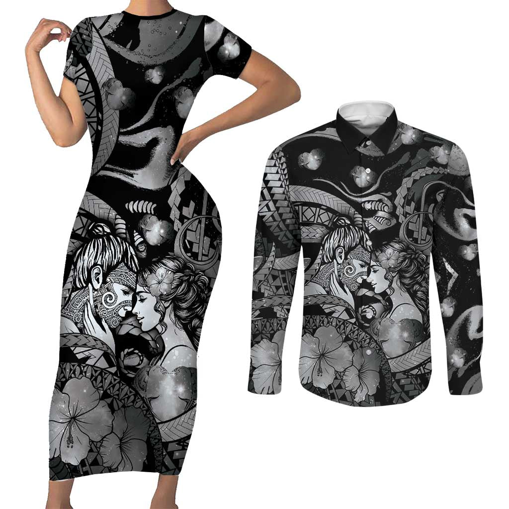 Personalised Maori Romantic Valentine Couples Matching Short Sleeve Bodycon Dress and Long Sleeve Button Shirt The Hongi Kiss Black Galaxy DT05 Black - Polynesian Pride
