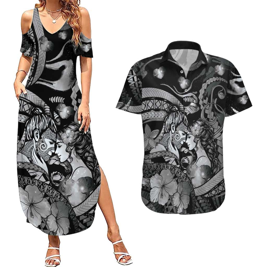 Personalised Maori Romantic Valentine Couples Matching Summer Maxi Dress and Hawaiian Shirt The Hongi Kiss Black Galaxy DT05 Black - Polynesian Pride