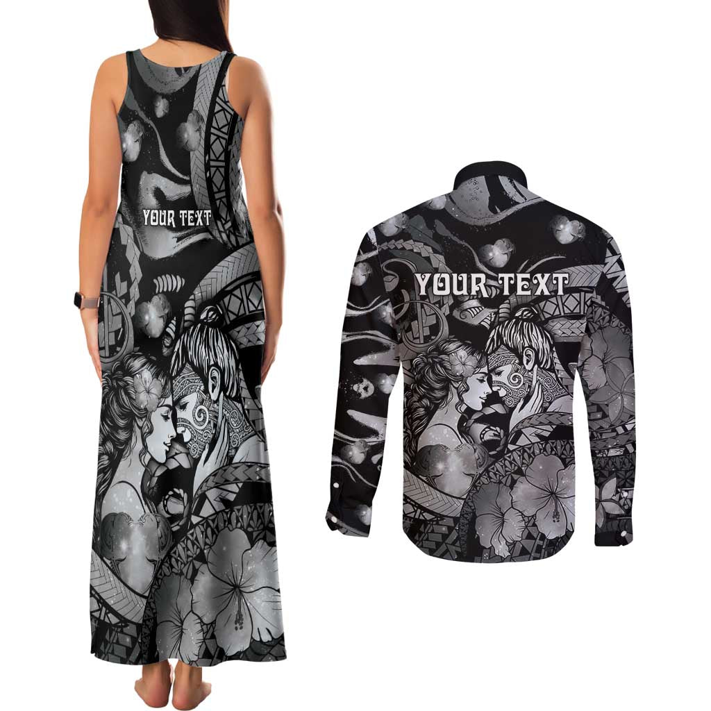 Personalised Maori Romantic Valentine Couples Matching Tank Maxi Dress and Long Sleeve Button Shirt The Hongi Kiss Black Galaxy DT05 - Polynesian Pride