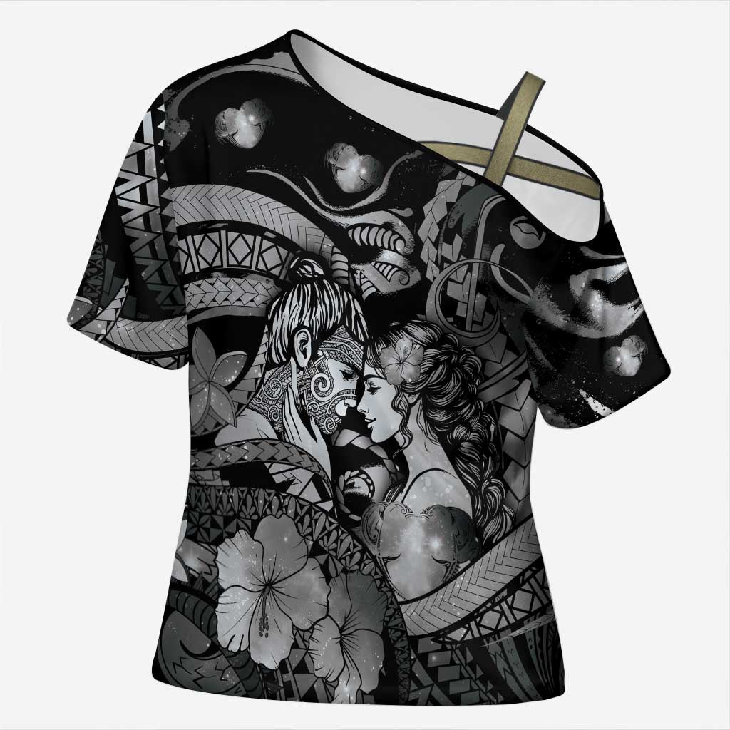 Personalised Maori Romantic Valentine Cross Shoulder Shirt The Hongi Kiss Black Galaxy