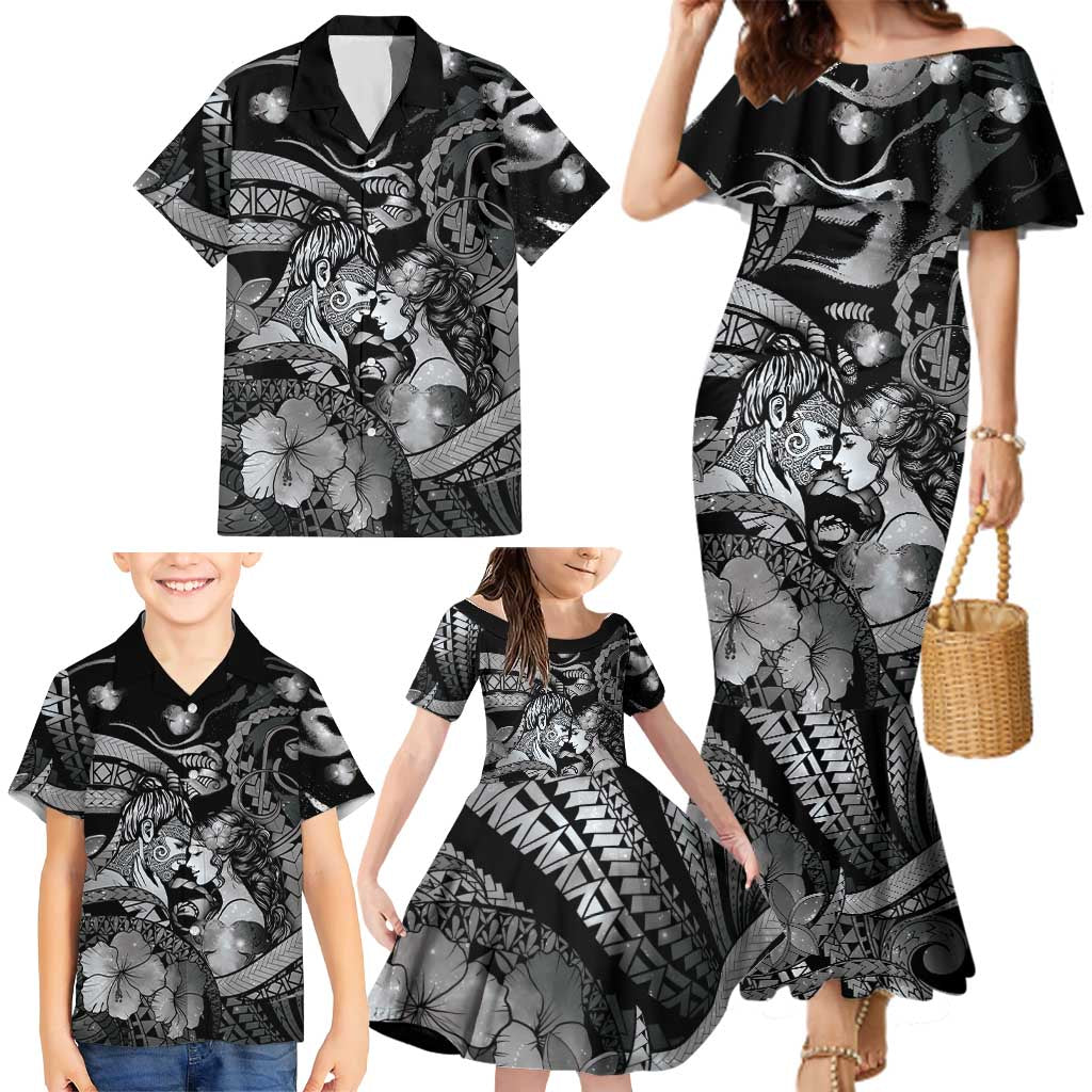 Personalised Maori Romantic Valentine Family Matching Mermaid Dress and Hawaiian Shirt The Hongi Kiss Black Galaxy