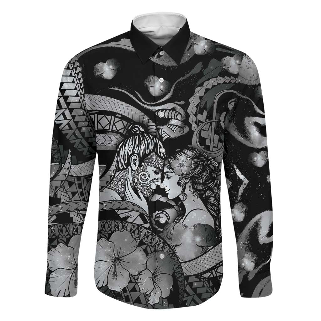Personalised Maori Romantic Valentine Family Matching Mermaid Dress and Hawaiian Shirt The Hongi Kiss Black Galaxy DT05 Dad's Shirt - Long Sleeve Black - Polynesian Pride