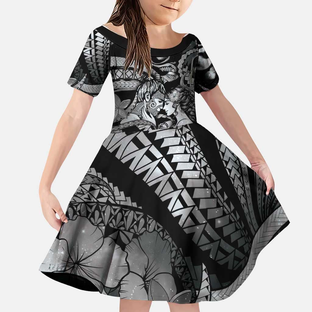 Personalised Maori Romantic Valentine Family Matching Off Shoulder Maxi Dress and Hawaiian Shirt The Hongi Kiss Black Galaxy DT05 Daughter's Dress Black - Polynesian Pride