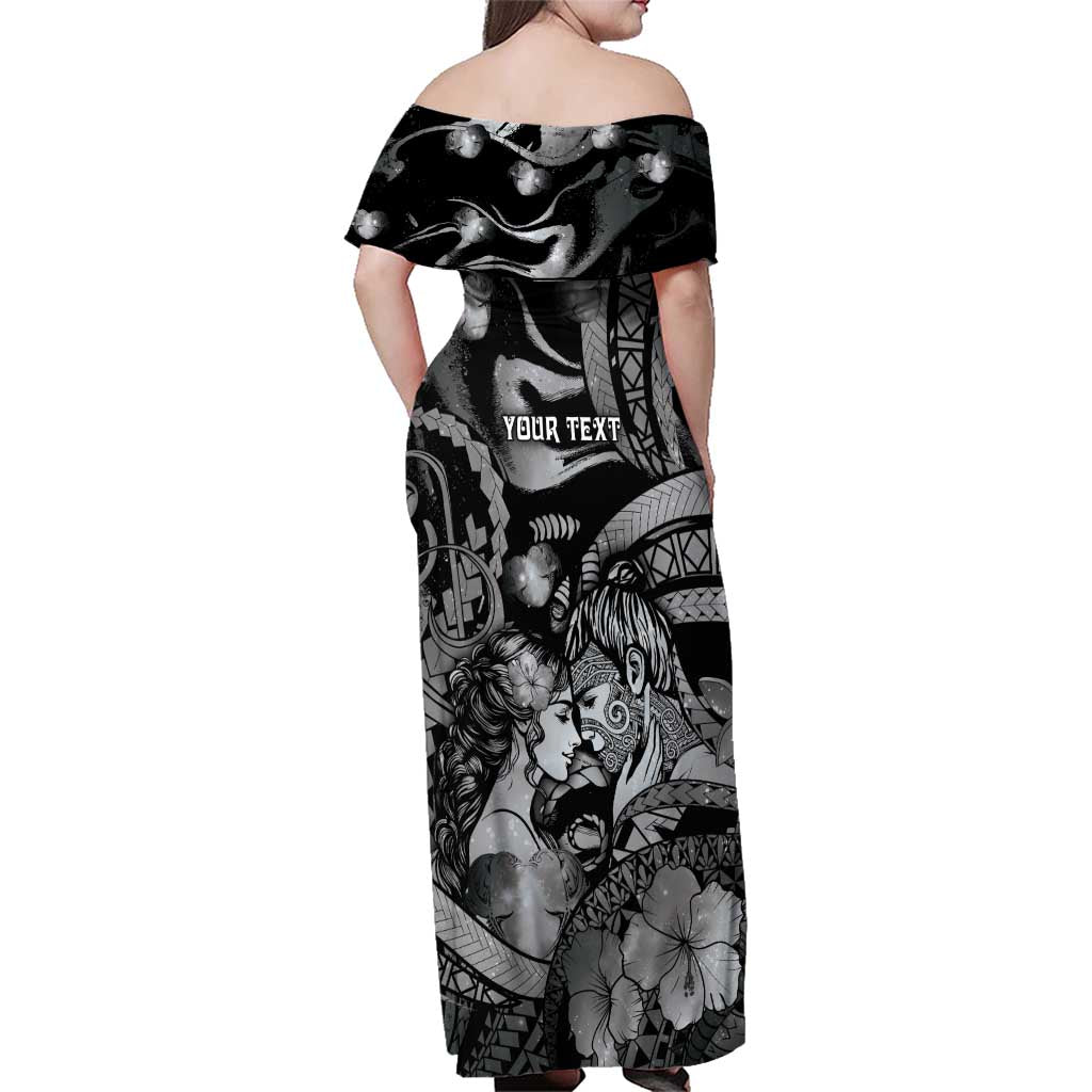 Personalised Maori Romantic Valentine Family Matching Off Shoulder Maxi Dress and Hawaiian Shirt The Hongi Kiss Black Galaxy DT05 - Polynesian Pride