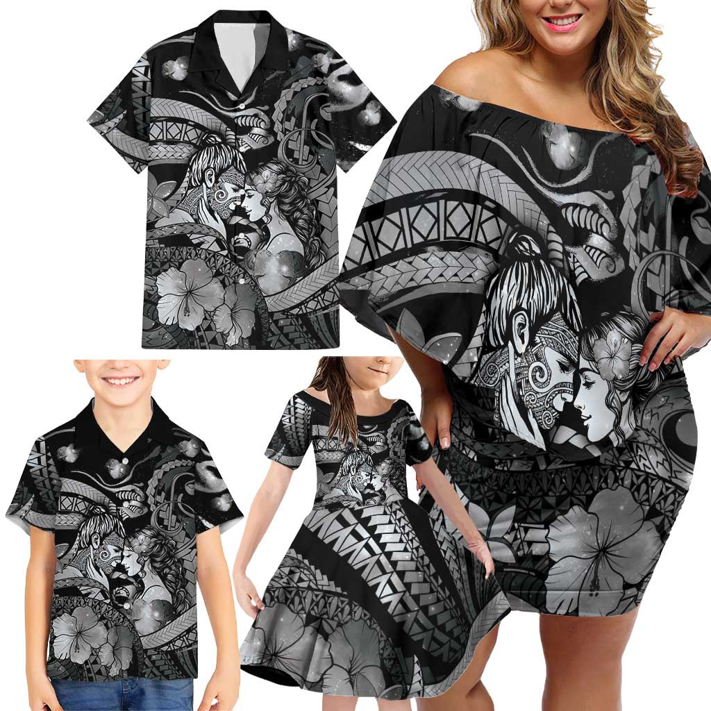 Personalised Maori Romantic Valentine Family Matching Off Shoulder Short Dress and Hawaiian Shirt The Hongi Kiss Black Galaxy