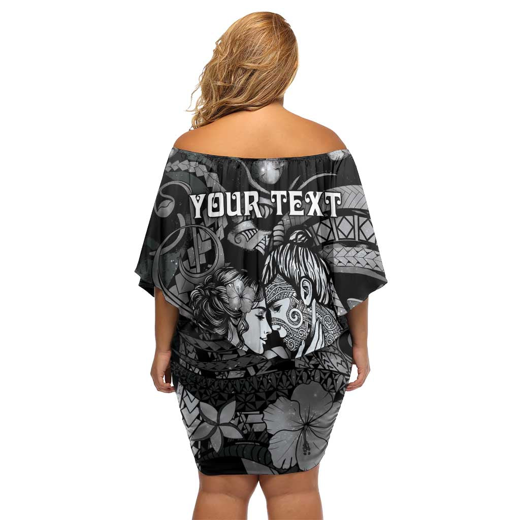 Personalised Maori Romantic Valentine Family Matching Off Shoulder Short Dress and Hawaiian Shirt The Hongi Kiss Black Galaxy DT05 - Polynesian Pride