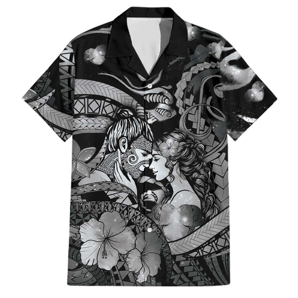 Personalised Maori Romantic Valentine Family Matching Puletasi and Hawaiian Shirt The Hongi Kiss Black Galaxy DT05 Dad's Shirt - Short Sleeve Black - Polynesian Pride