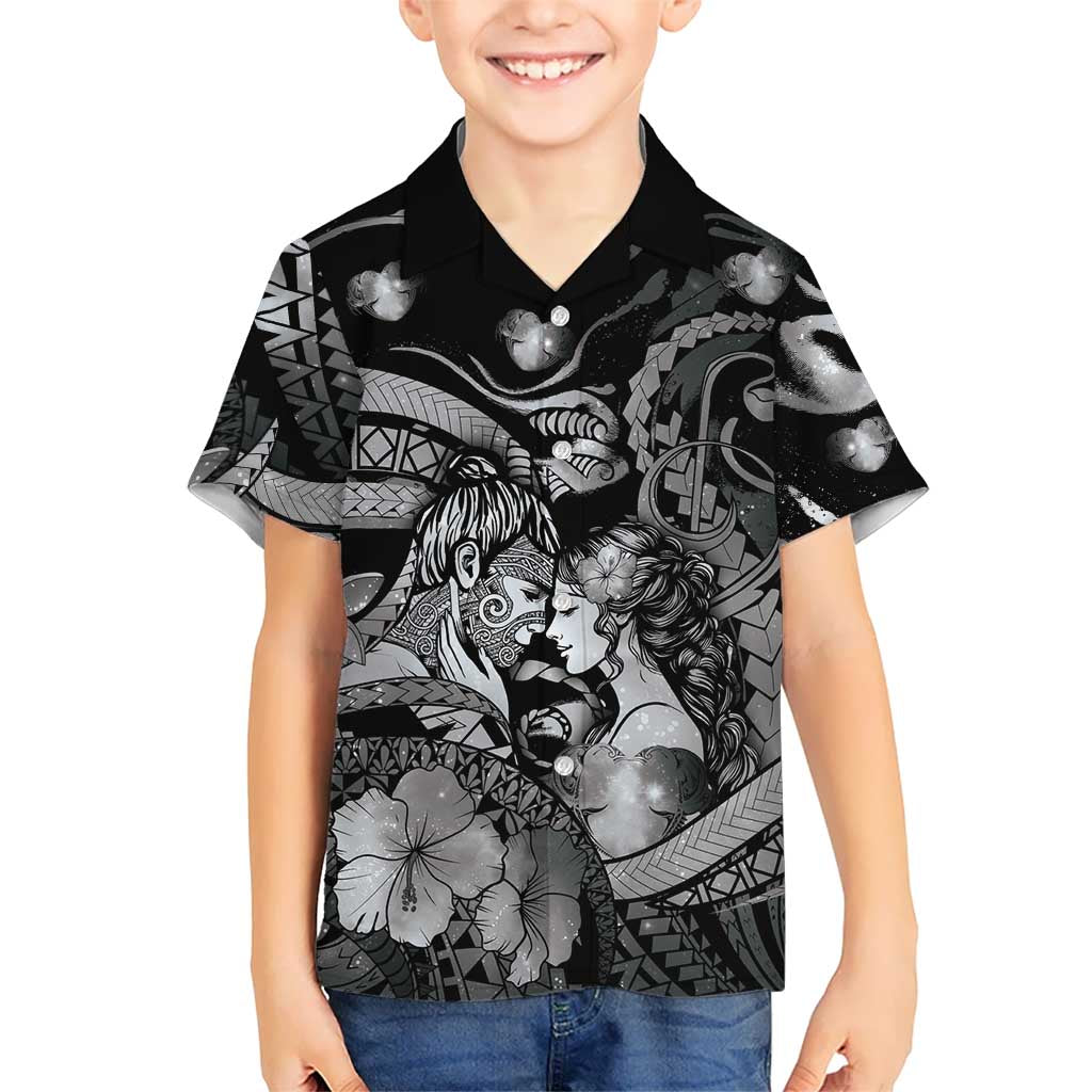 Personalised Maori Romantic Valentine Family Matching Tank Maxi Dress and Hawaiian Shirt The Hongi Kiss Black Galaxy DT05 Son's Shirt Black - Polynesian Pride