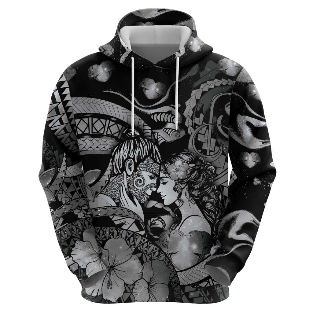 Personalised Maori Romantic Valentine Hoodie The Hongi Kiss Black Galaxy