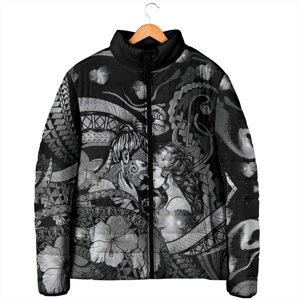 Personalised Maori Romantic Valentine Padded Jacket The Hongi Kiss Black Galaxy