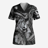 Personalised Maori Romantic Valentine Scrub Top The Hongi Kiss Black Galaxy