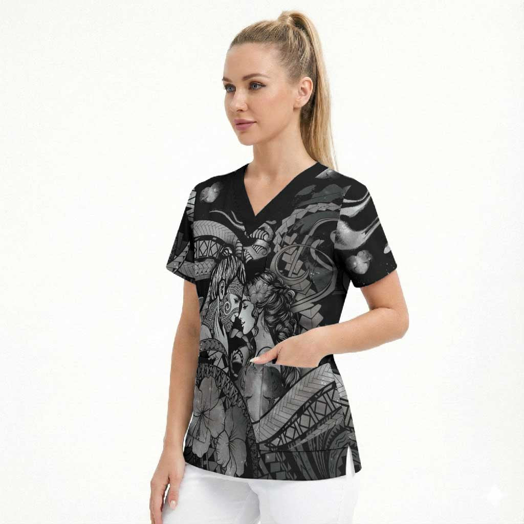 Personalised Maori Romantic Valentine Scrub Top The Hongi Kiss Black Galaxy