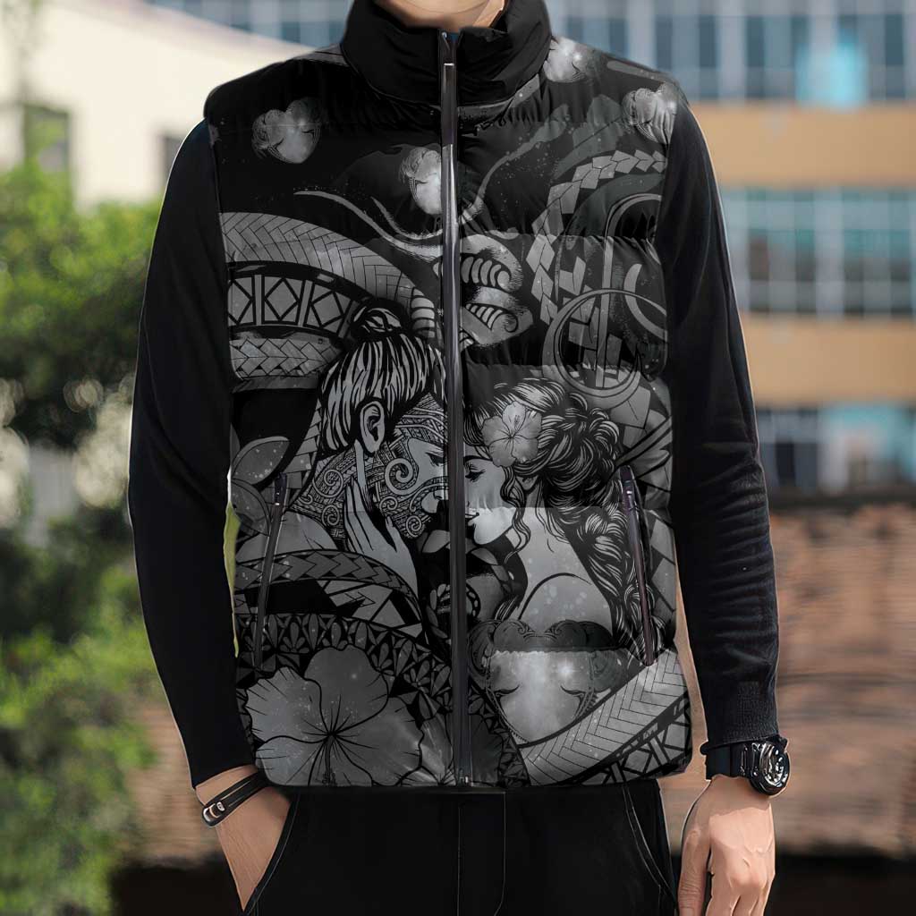 Personalised Maori Romantic Valentine Sleeveless Puffer Jacket The Hongi Kiss Black Galaxy
