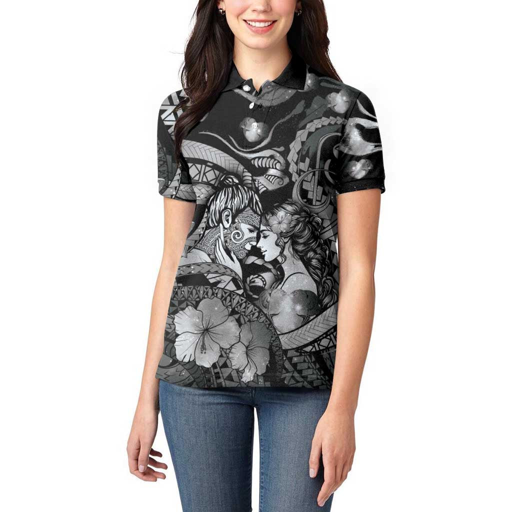 Personalised Maori Romantic Valentine Women Polo Shirt The Hongi Kiss Black Galaxy