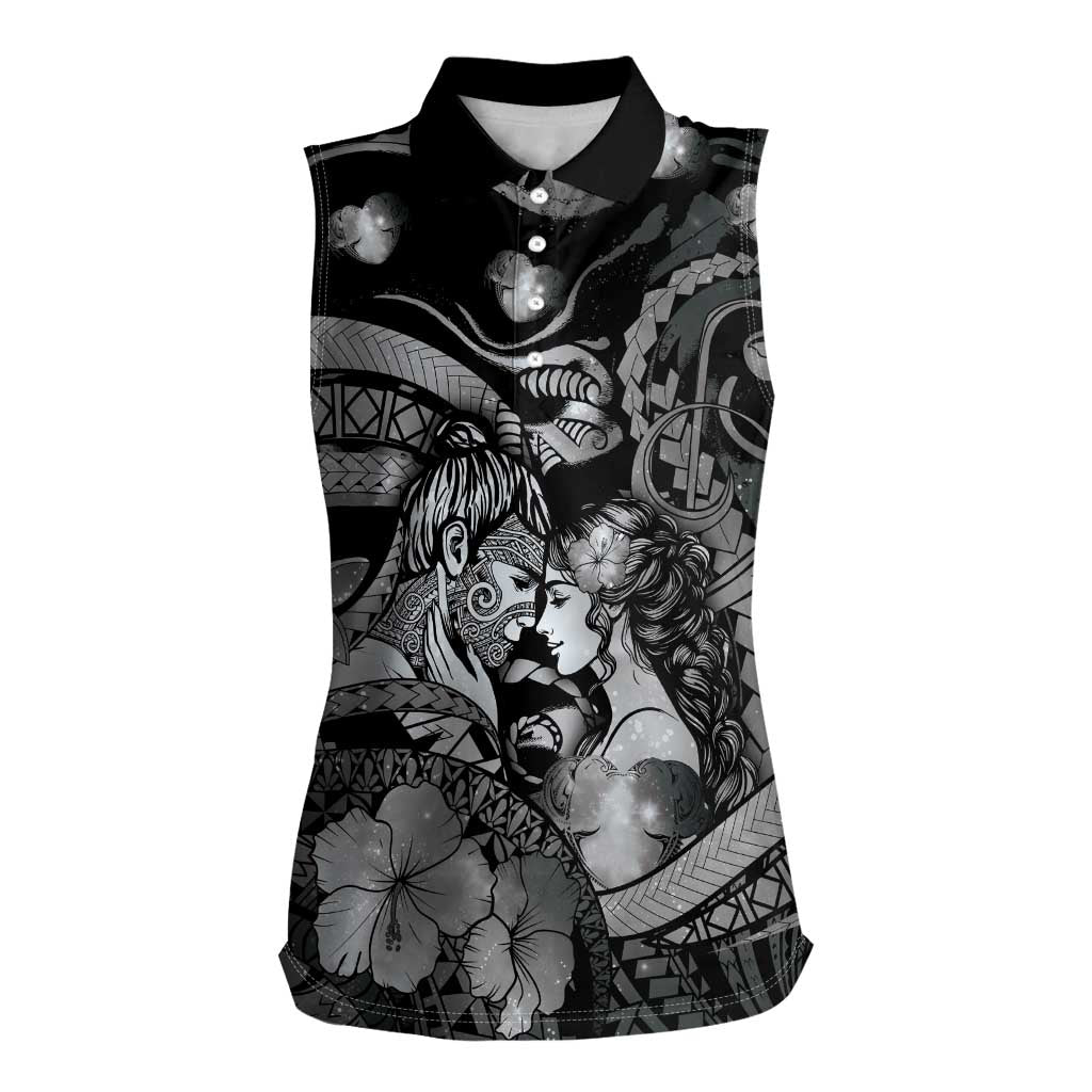 Personalised Maori Romantic Valentine Women Sleeveless Polo Shirt The Hongi Kiss Black Galaxy DT05 Female Black - Polynesian Pride